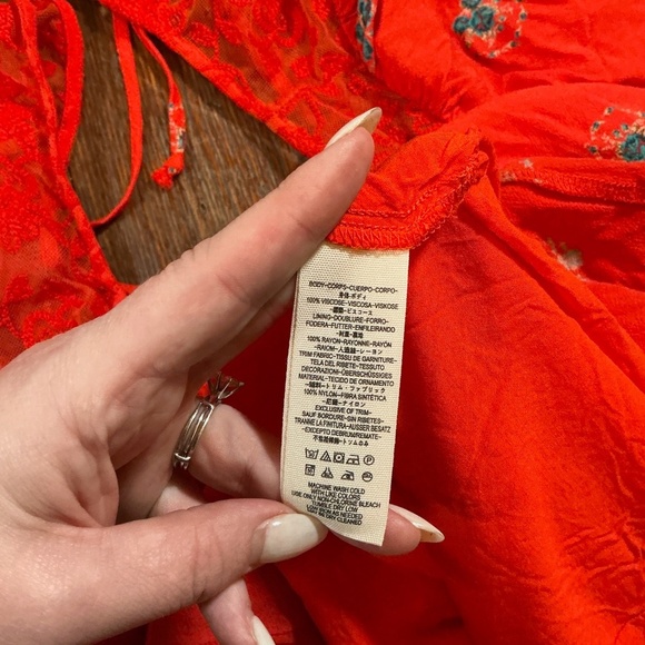 Free People Red Floral Mini Dress Puff Sleeve Open Back Size 10 - Picture 5 of 6